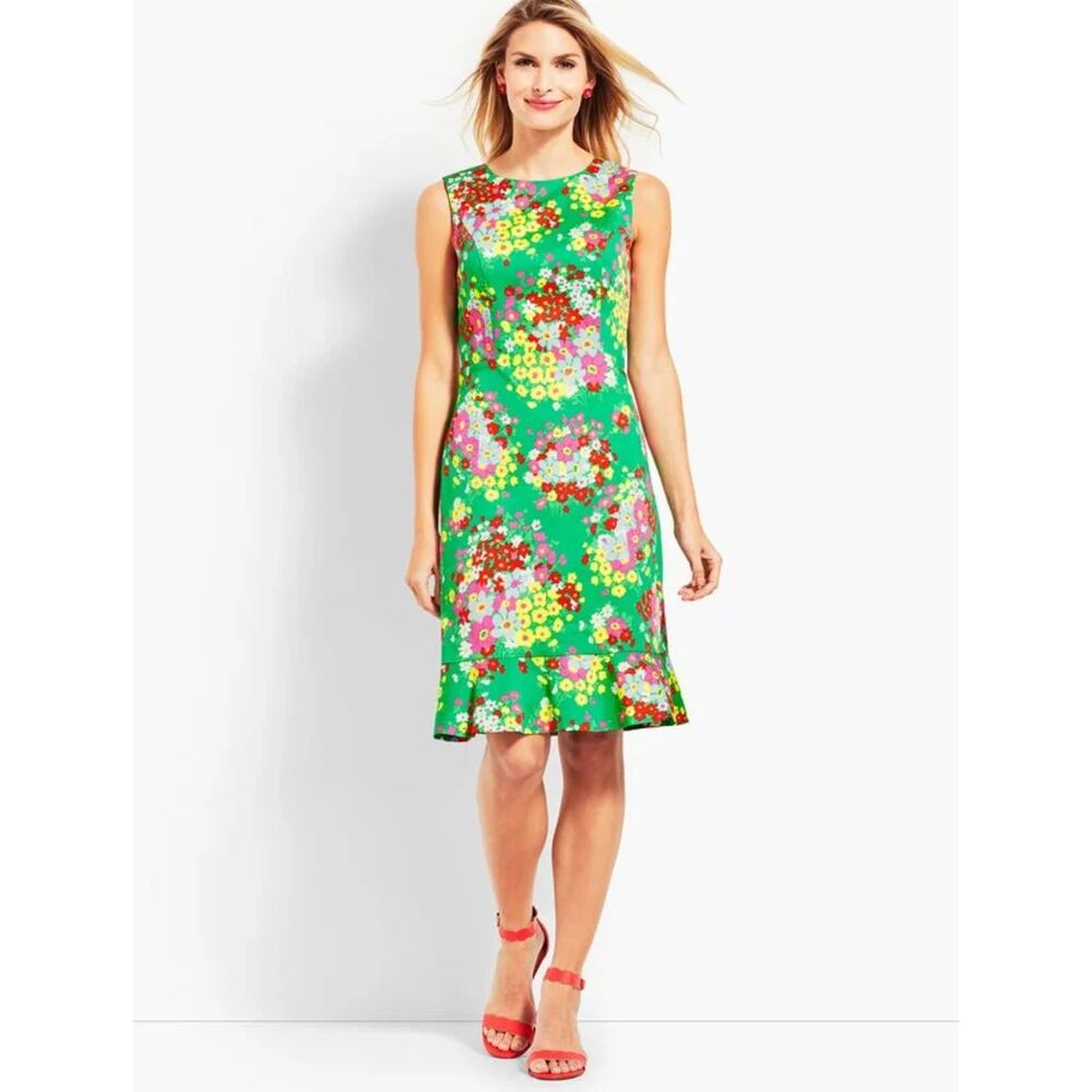 Talbots Women's Size 10 Springtime Floral Shift Dress Sleeveless Flounce Hem
